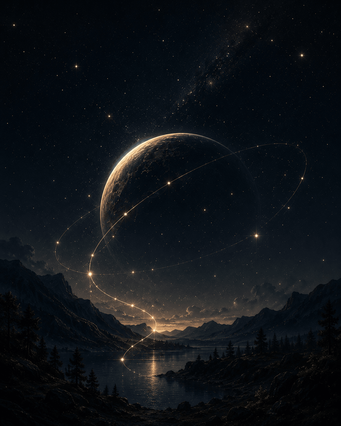 A planet’s golden crescent above a star-filled valley