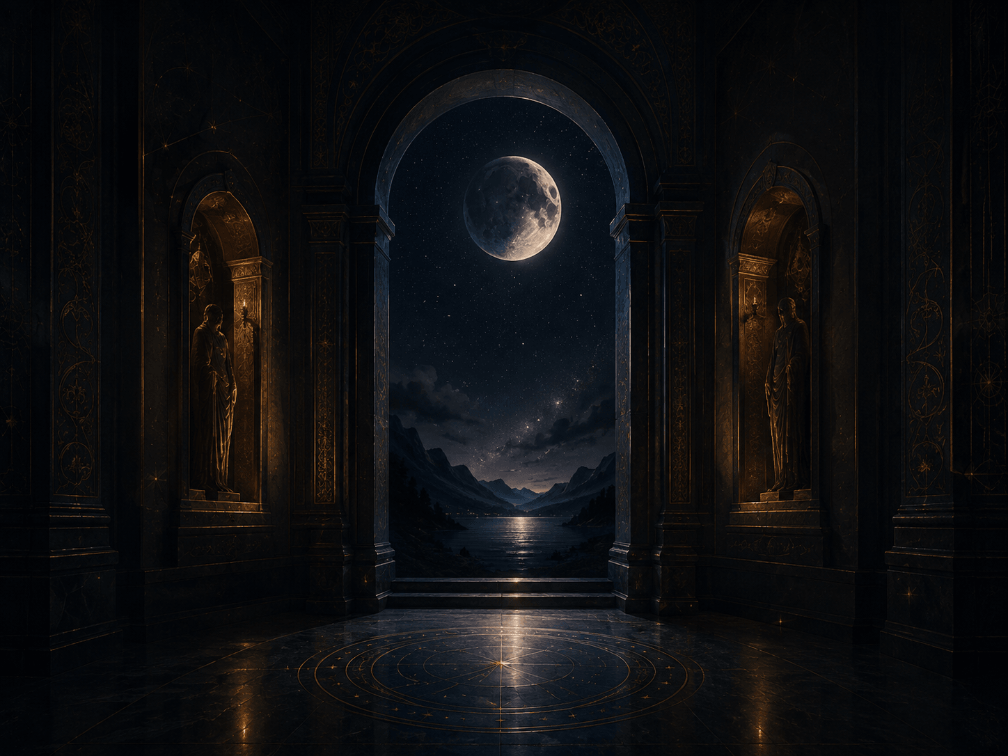 A moonlit archway opening toward a still mountain lake